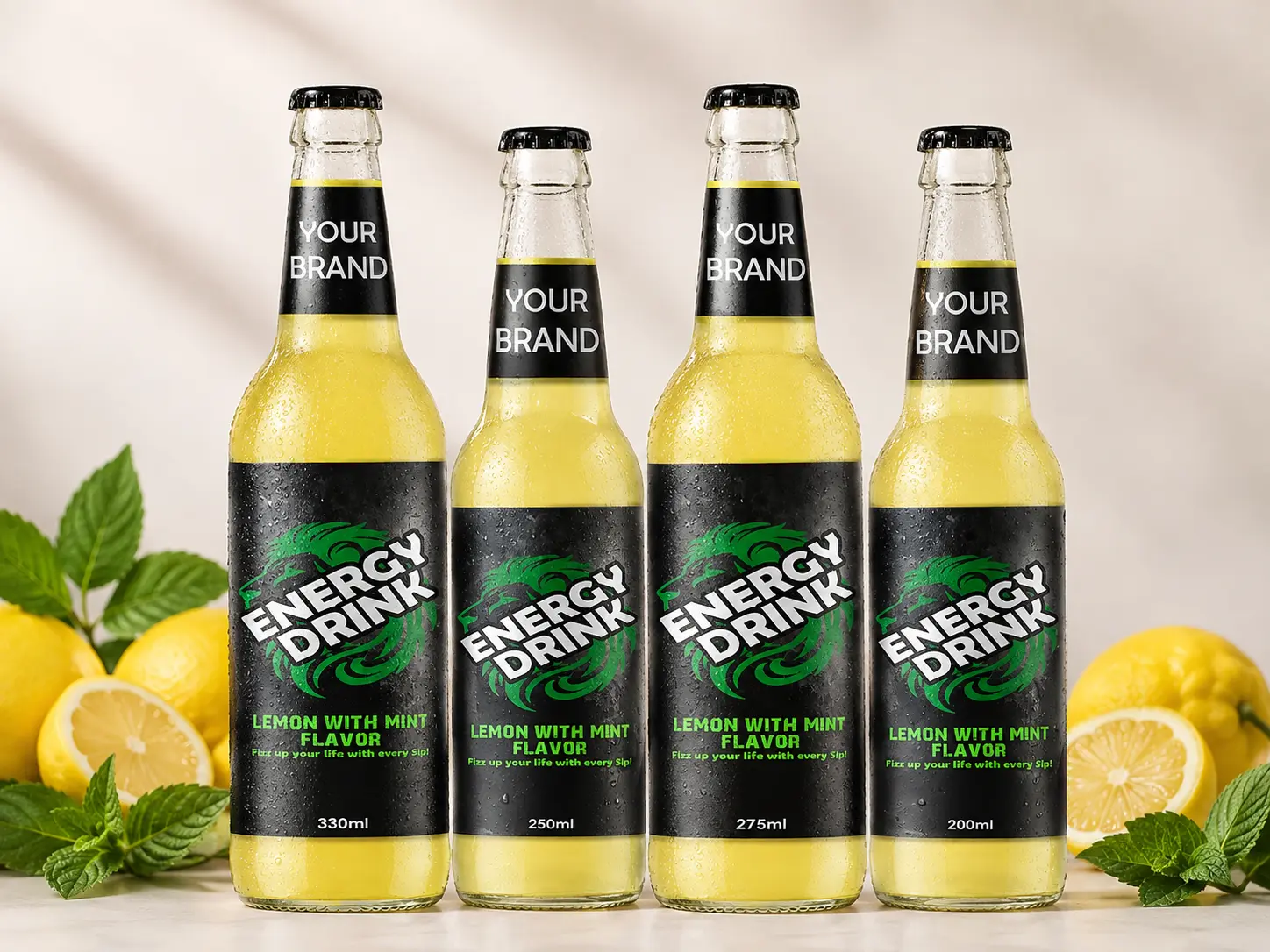 ENERGY DRINK Lemon with Mint Flavor 330ml, 250ml, 275ml and 200ml glass bottles